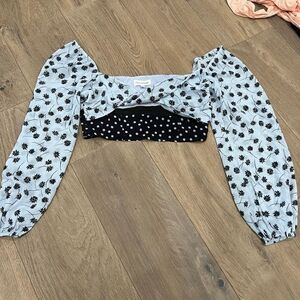 Privacy Please Women's Black & White Polka Dot Floral Long Sleeve Crop Top Small